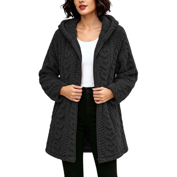 Atogsazn Women's Sherpa Full Zip Jacket Casual Fleece Long Sleeve Hooded Coat Winter Warm Jacquard Tops Black L Fashion