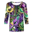thumbnail image 4 of REORIAFEE Mardi Gras Women's T Shirts Stitch Crewneck 3/4 Sleeve T Shirt Glittering Beads Mask Crown Going Out Party Pullover Outfits 2024 Clothing Trendy Black XXXL, 4 of 5