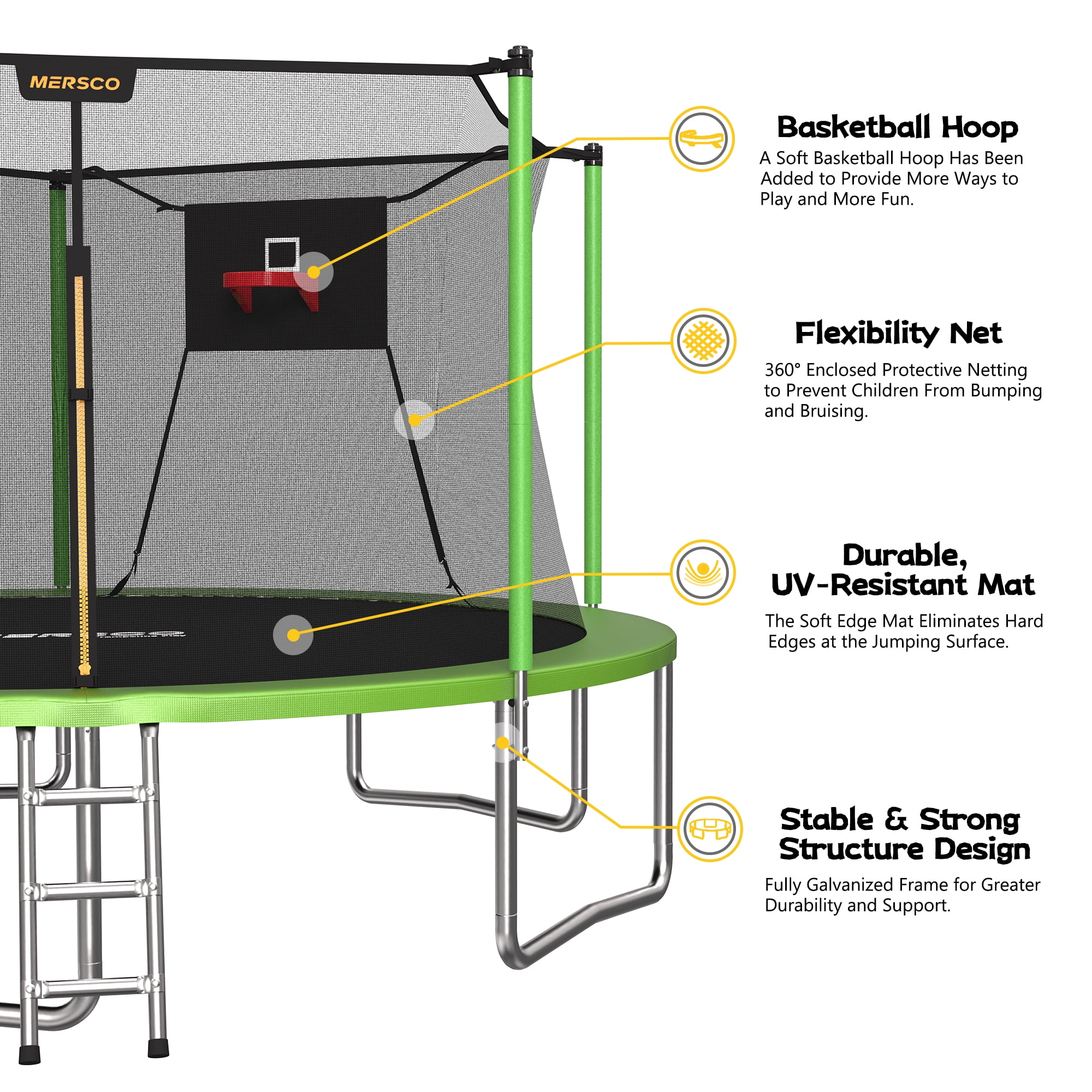 Mersco 14ft Trampoline for Kids and Adults, Outdoor Trampolines with Basketball Hoop and Enclosure Net, Heavy Duty Jumping Trampoline PLAY for Indoor Outdoor Boys and Girls Birthday Gift, Green