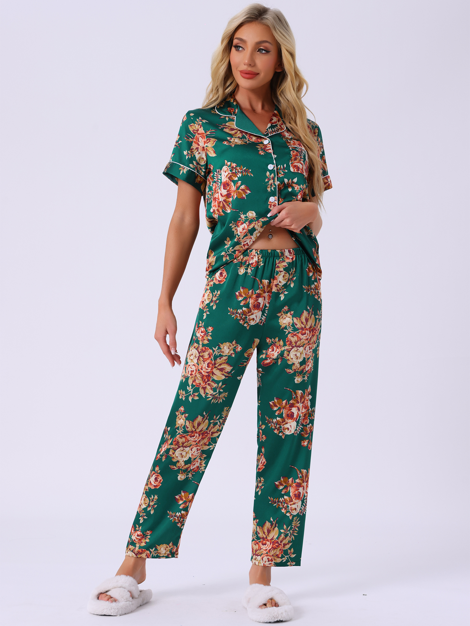 DARING DIVA Women's Silk Short Sleeves Floral Satin Pajama Sets XL Green Orange