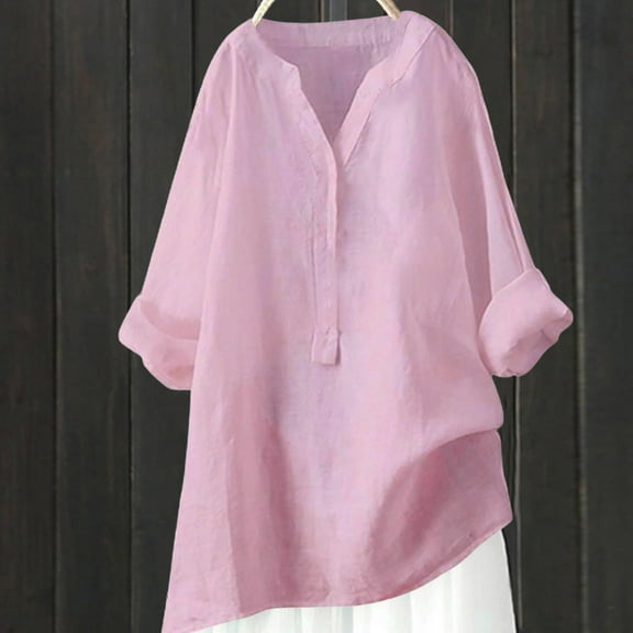 Bovemsi Womens Cotton Linen Shirts Solid 3/4 Sleeve Summer Vacation Tunic Tops Oversized Tshirts Casual V Neck Blouses, Pink Summer Women's Long Sleeve T-Shirts, 3XL