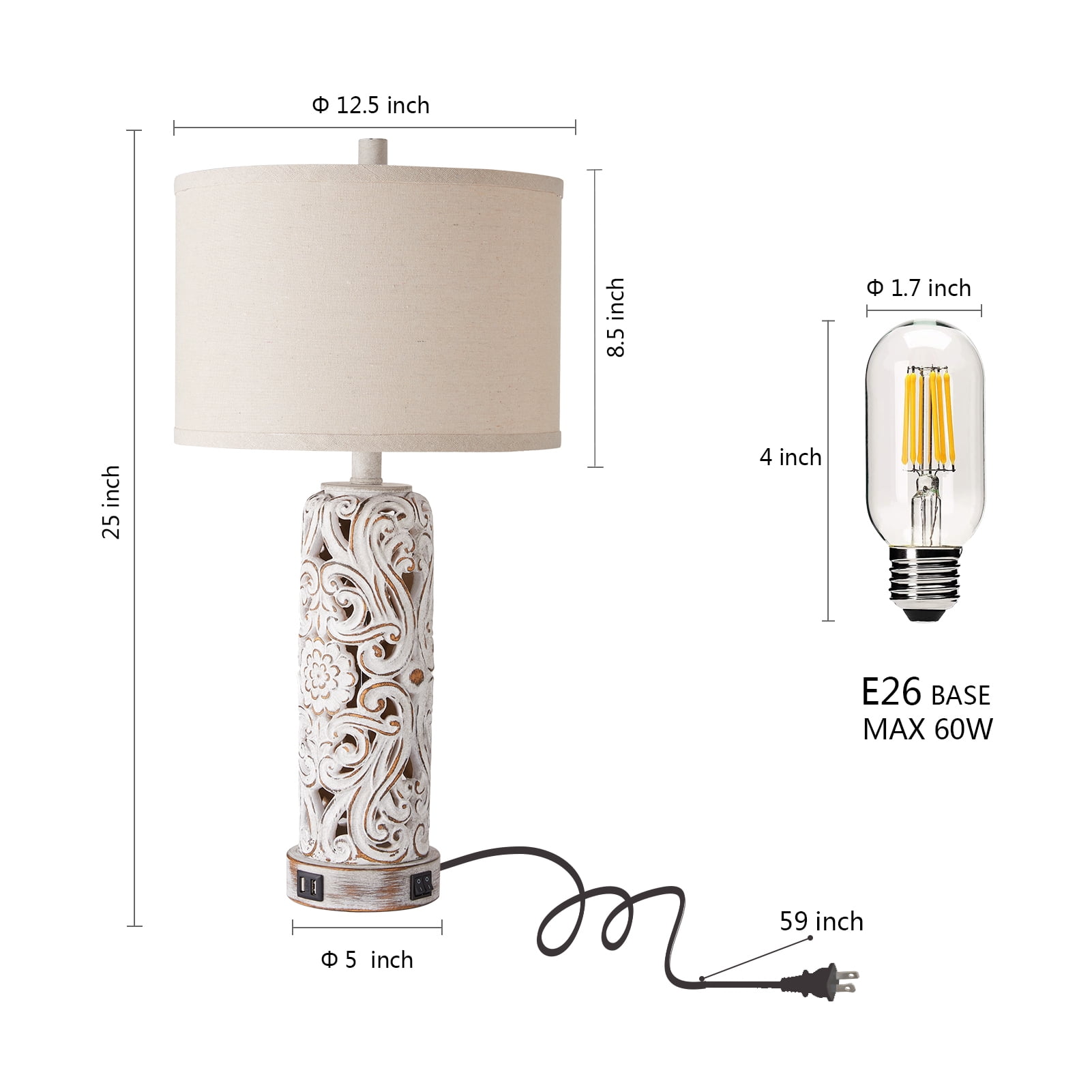 RORIA 25" Country Style Table Lamps Set of 2，for Living Room Bedroom Nightstand, Hollow Resin Farmhouse Vintage Bedside Lamp with 2 USB Ports with Night Light, LED Bulb Included