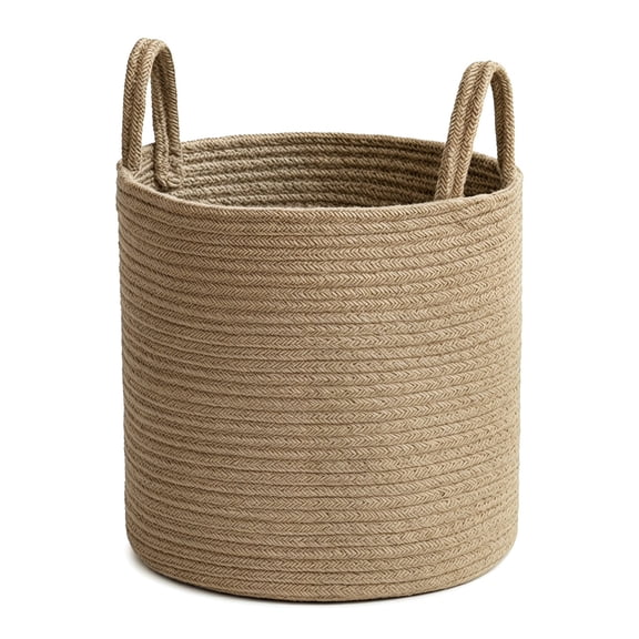 Tall Wicker Storage Bin with Carry Handles, Boho Organizer for Laundry, Blankets, Towels for Bedroom & Bathroom