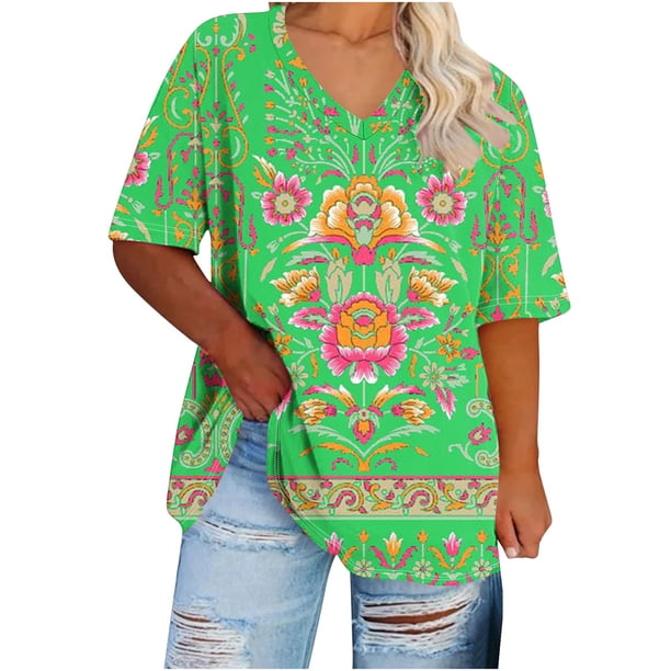 Camisetas Casuales de las Mujeres de Manga Corta de Cuello en V Oversized Camiseta Deportiva de Verano, Top Impreso Casual