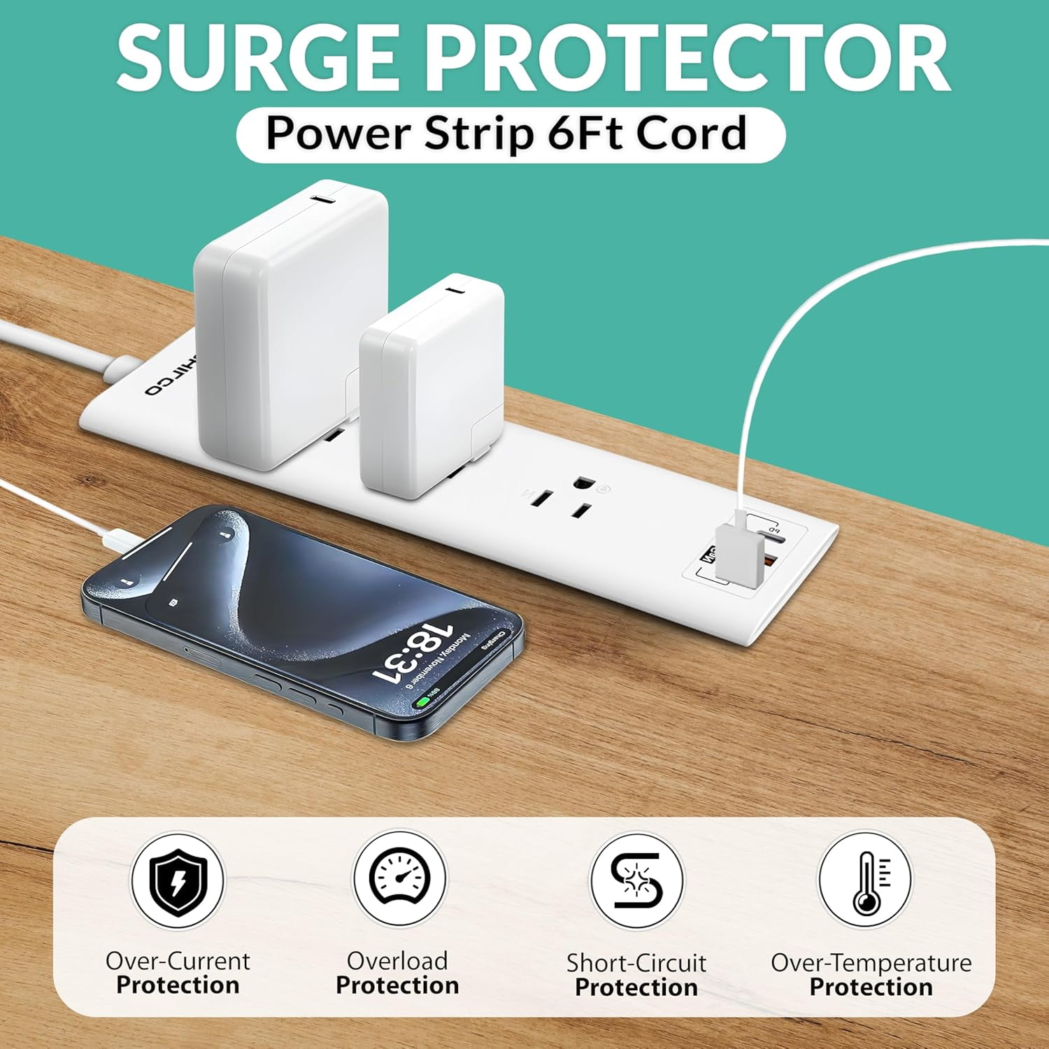 Philco Surge Protector Power Strip, Power Outlet, Surge Protector with USB Ports, 30W 3 Outlets W/ 1 USB-C & 2 USB-A Ports, 6ft Extension Cord with Multiple Outlets, Flat Plug, Home Office Essentials