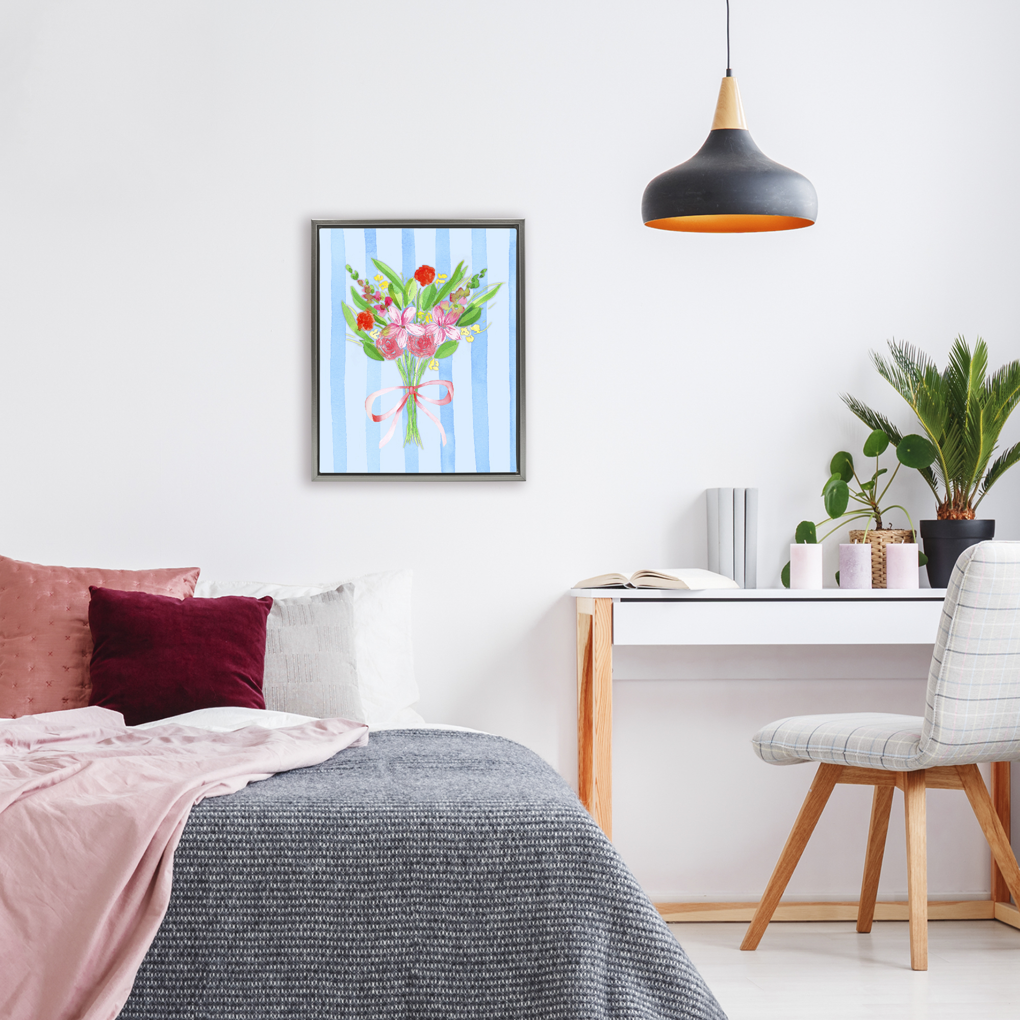 Bright Springy Bouquet Stripes Gray Framed Floater Canvas Wall Art, design by Nina Jacobs