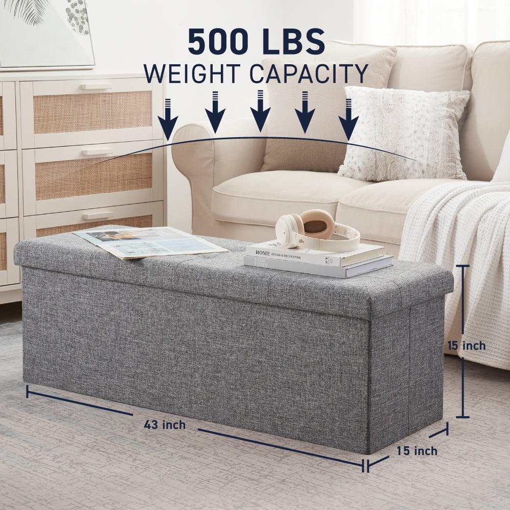 Ornavo Home Foldable Tufted Linen Large Storage Ottoman Bench Foot Rest Stool/Seat - 15" x 43" x 15"