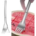 thumbnail image 1 of Cortador y rebanador de sandía 2 en 1: tenedor de acero inoxidable para cortar frutas, herramienta para cortar cubos de melón para utensilios de cocina, 1 of 5