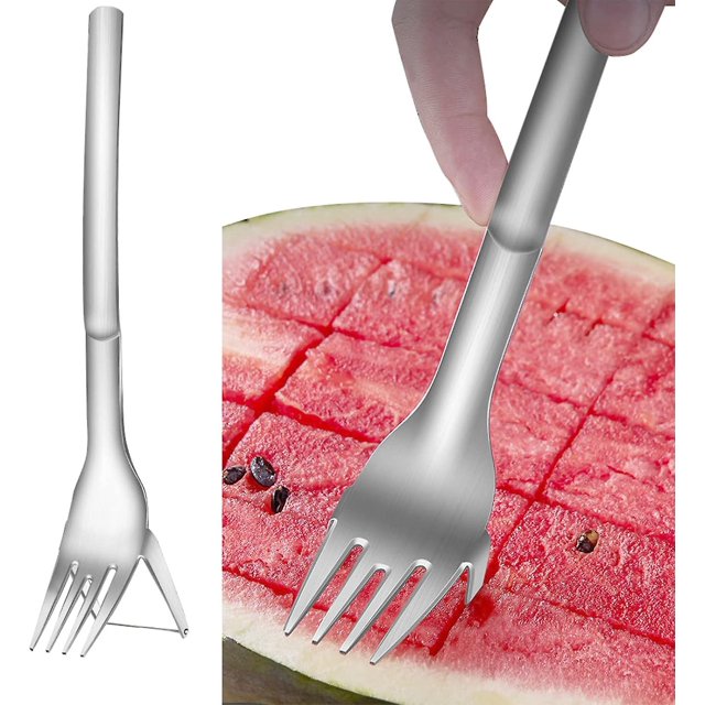 Cortador y rebanador de sandía 2 en 1: tenedor de acero inoxidable para cortar frutas, herramienta para cortar cubos de melón para utensilios de cocina