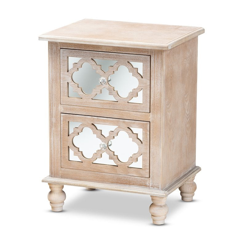 Baxton Studio Celia WhiteWashed Wood and Mirror 2Drawer Quatrefoil