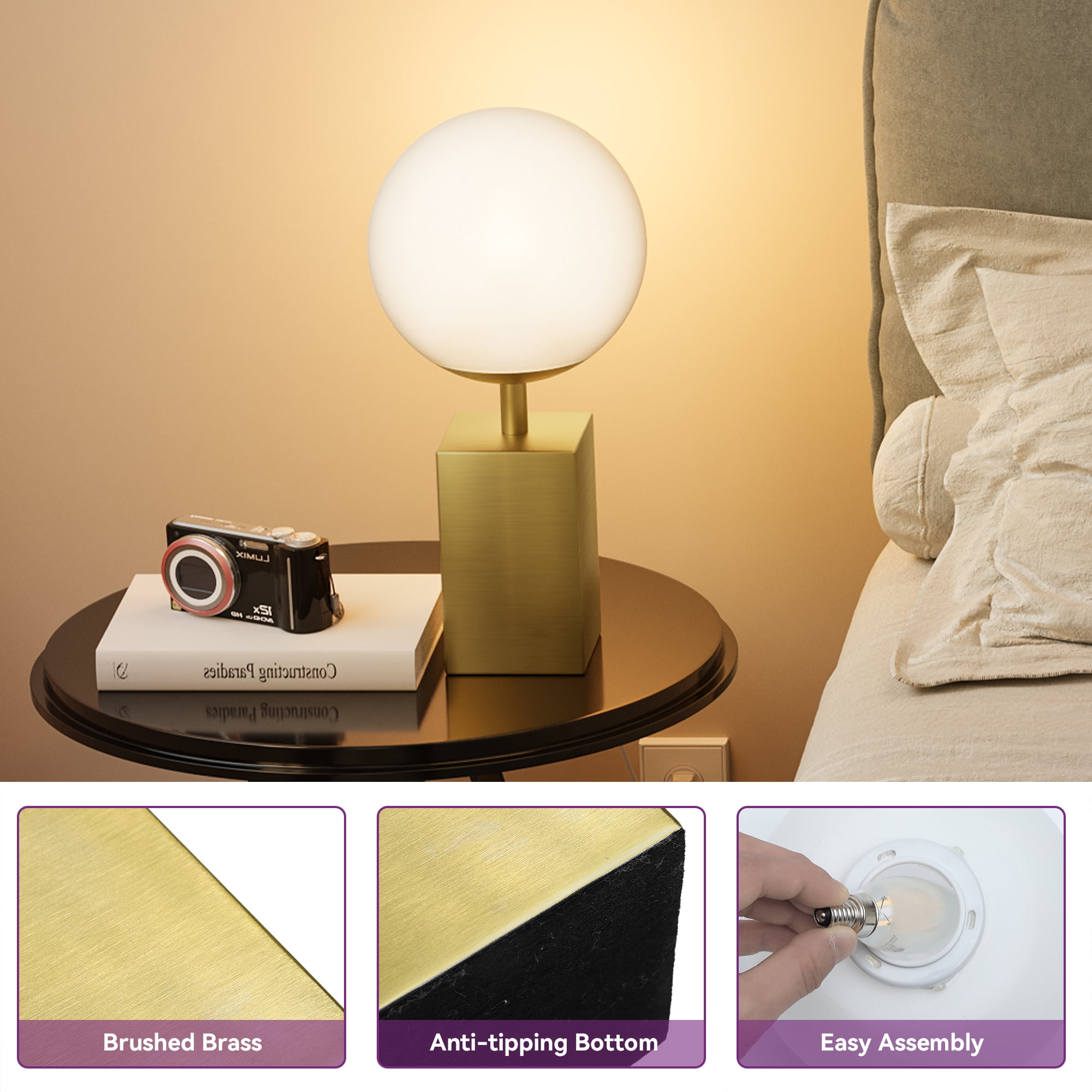 Dextrus Modern LED Globe Lamp with 4W LED Bulb, Brushed Brass Base, Contemporary Opal Glass Shade, and Dimmable Switch for Desk, Nightstand, and Tight Spaces