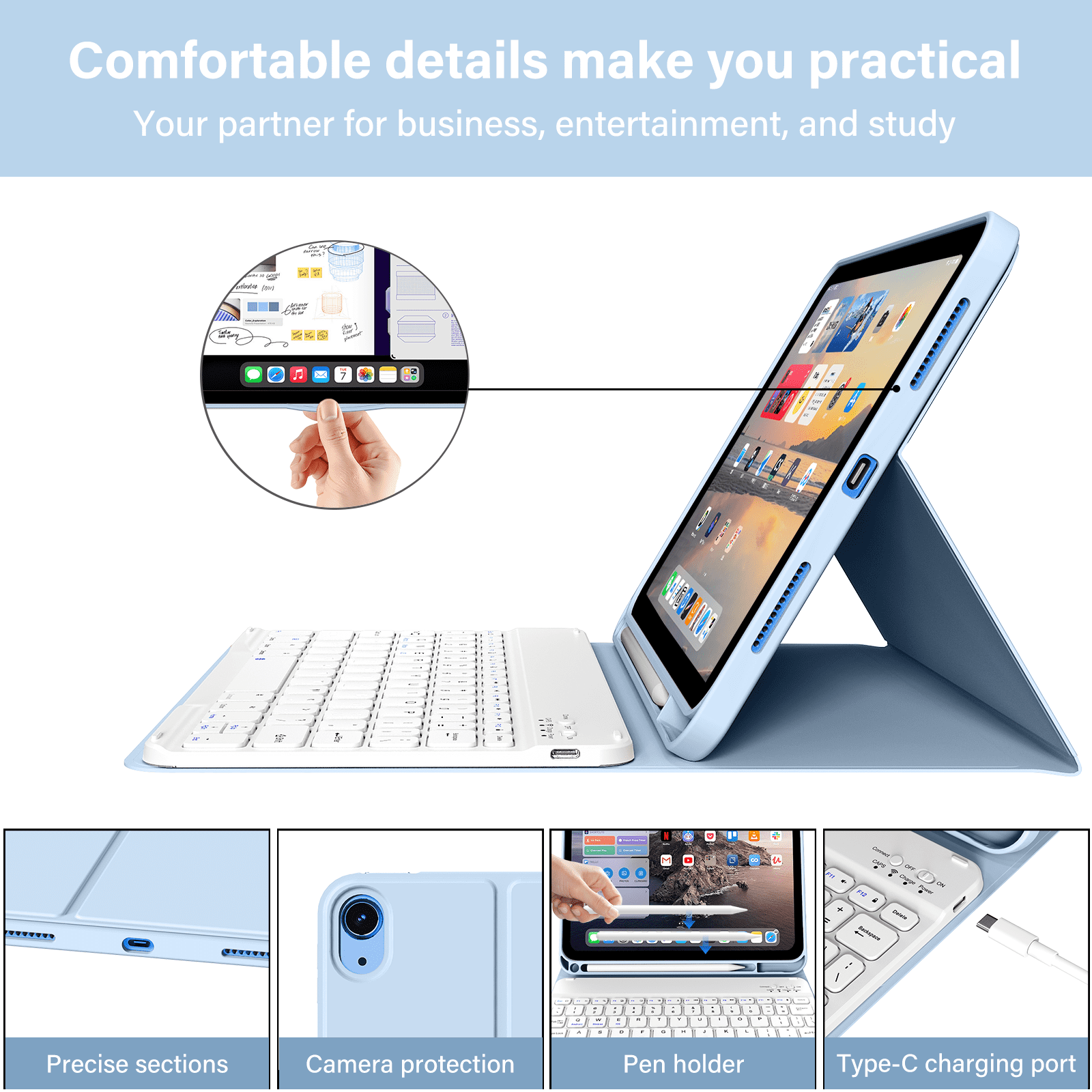 Kenke iPad (A16) 11th Generation 11 inch 2025 Keyboard Case,Case for iPad 10th Generation 10.9 inch 2022 Bluetooth Detachable -with Pencil Holder - Flip Stand Case - Keyboard Case, Light Blue