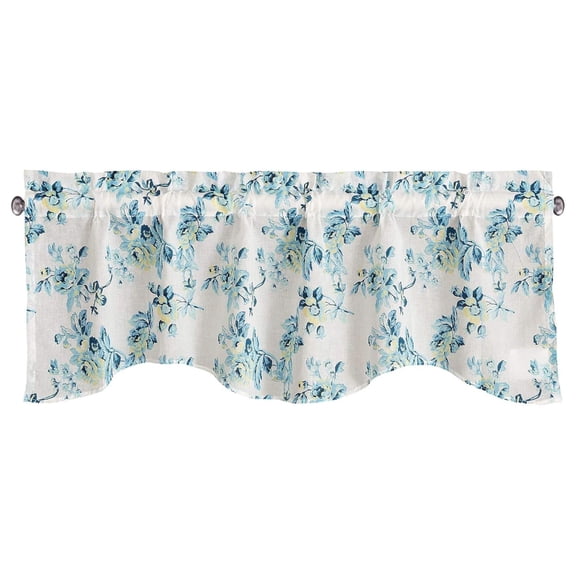 Tache Cotton Sheer Floral Scalloped Valance - 18x52 inch White Blue Petal Dance Farmhouse Antique Window Treatment Curtain Topper