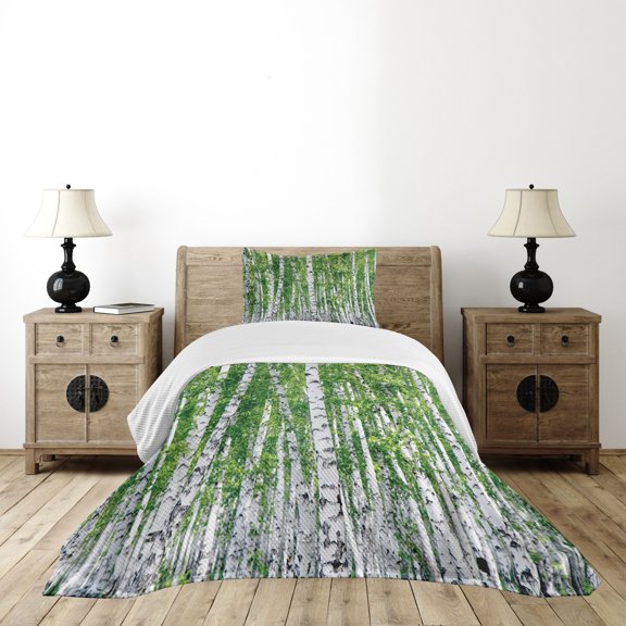 Ambesonne Birch Tree Quilted Bedspread Set 2 Pcs, Fresh Summer Leaves, Twin Size, Green White Black