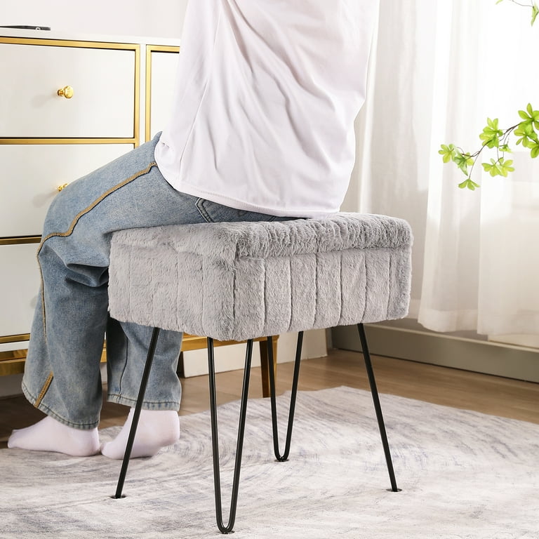 CUYOCA Vanity Stool Chair with Storage, Footstool Ottoman Faux Fur