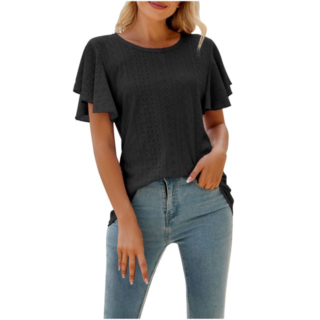BVOFAR Eyelet Embroidery Tops for Women Summer Casual T-Shirts Trendy Ruffle Short Sleeve Shirts Round Neck Solid Color Blouses