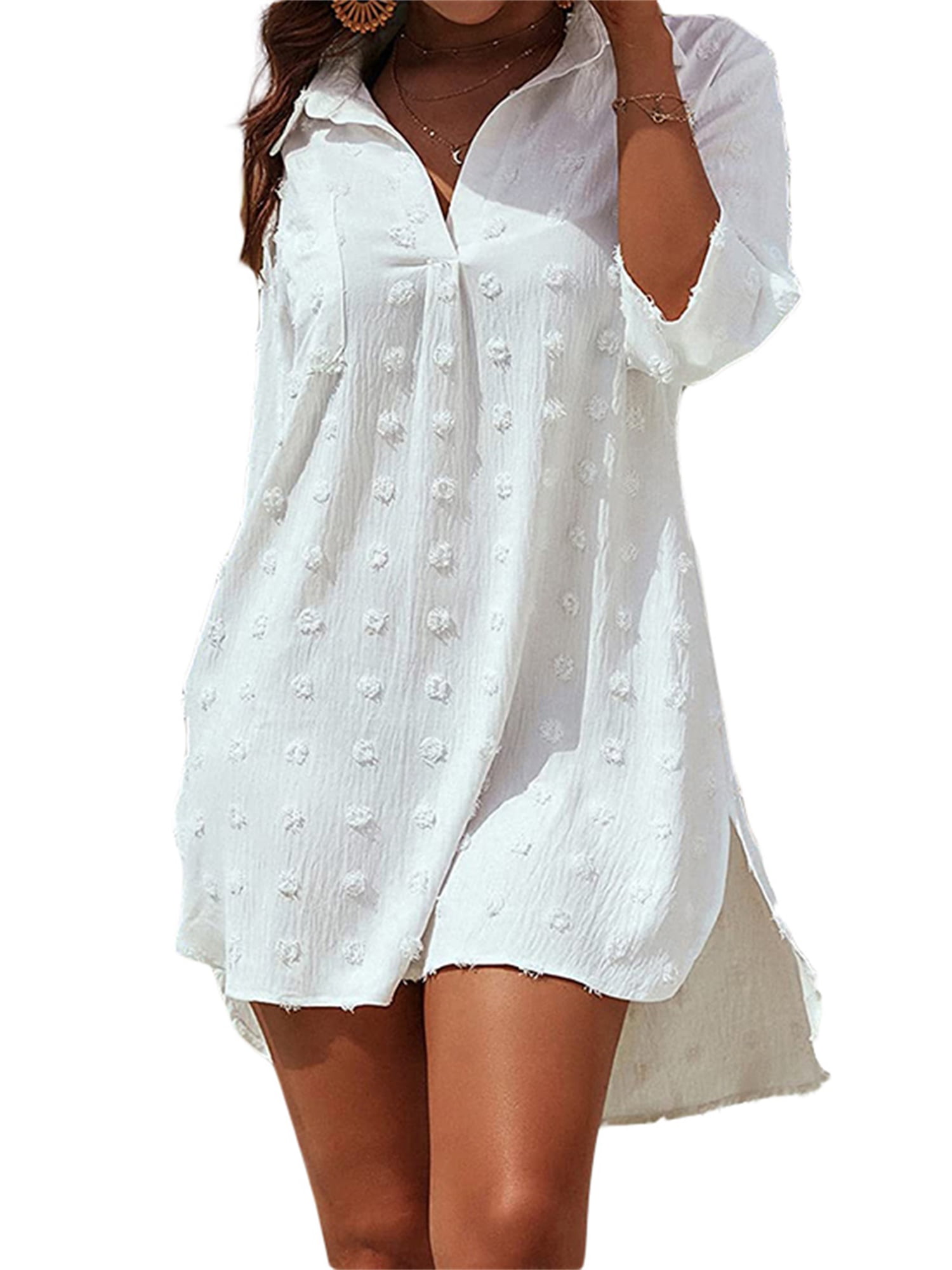 Bsubseach Women White Long Sleeve V Neck Loose Swimsuit Cover Up Swimwear Beach Tunic Dress