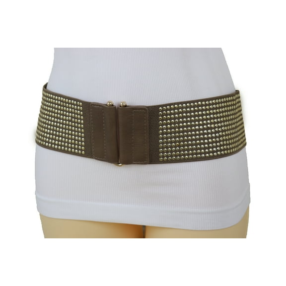 Women Brown Elastic Fashion Belt Waist Hip Metal Dots S M