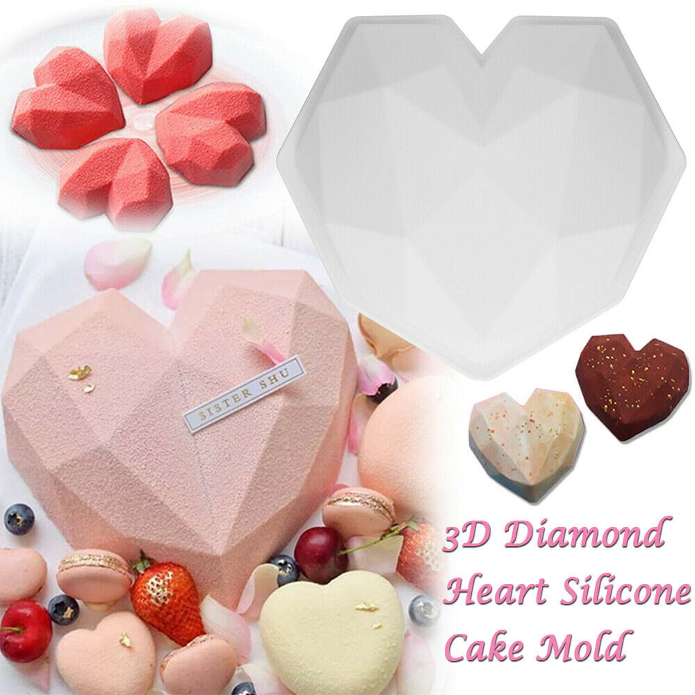 2PCS Baking Tool Large Diamond Cake Mold 3D Heart Shape Silicone Chocolate Mold 