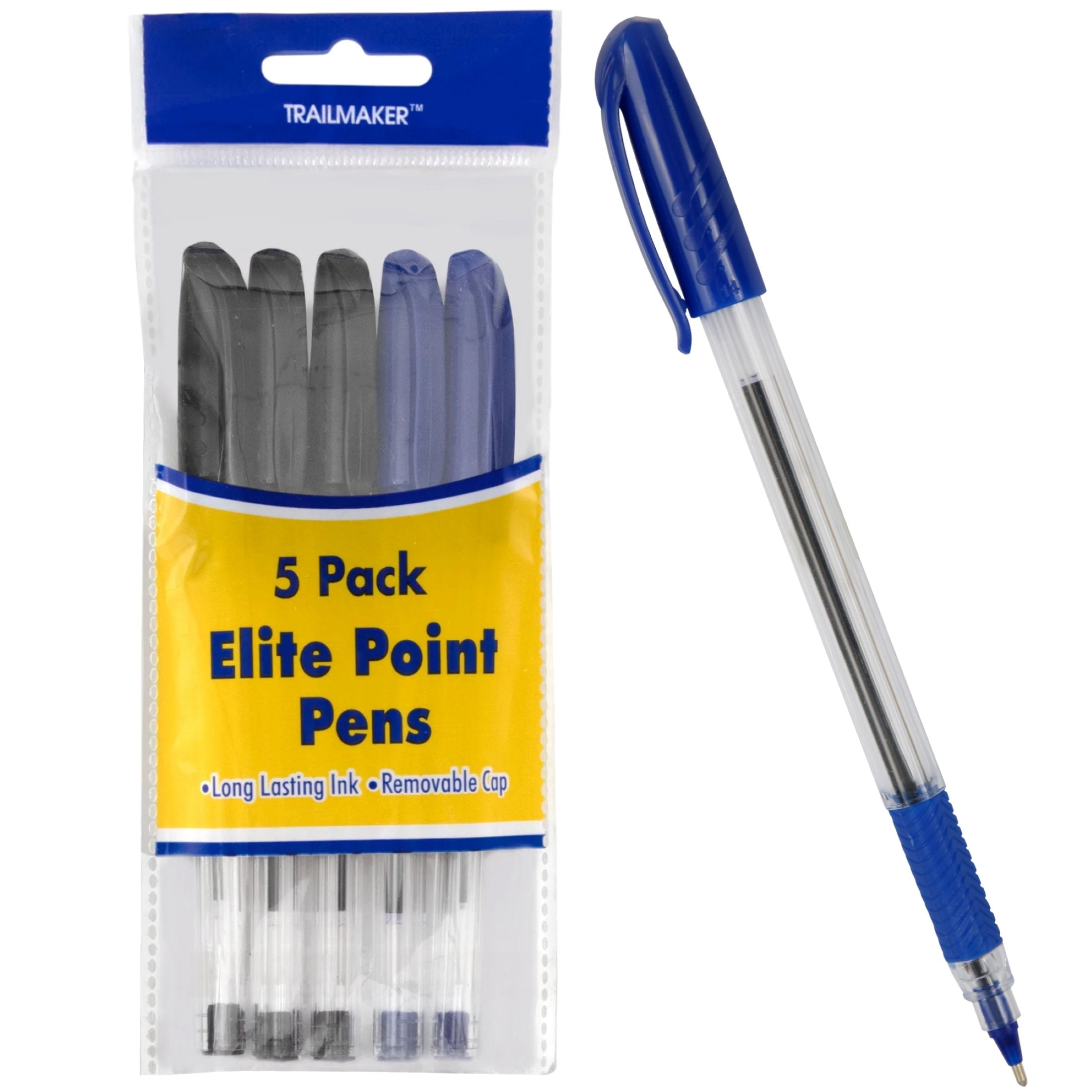 100 Pack Ballpoint Pens with Grip, Premium Flow 5 Pens per Pack - Black Blue Ink for Office, Notetaking, Writing – 500 Ballpoint Grip Pens Total