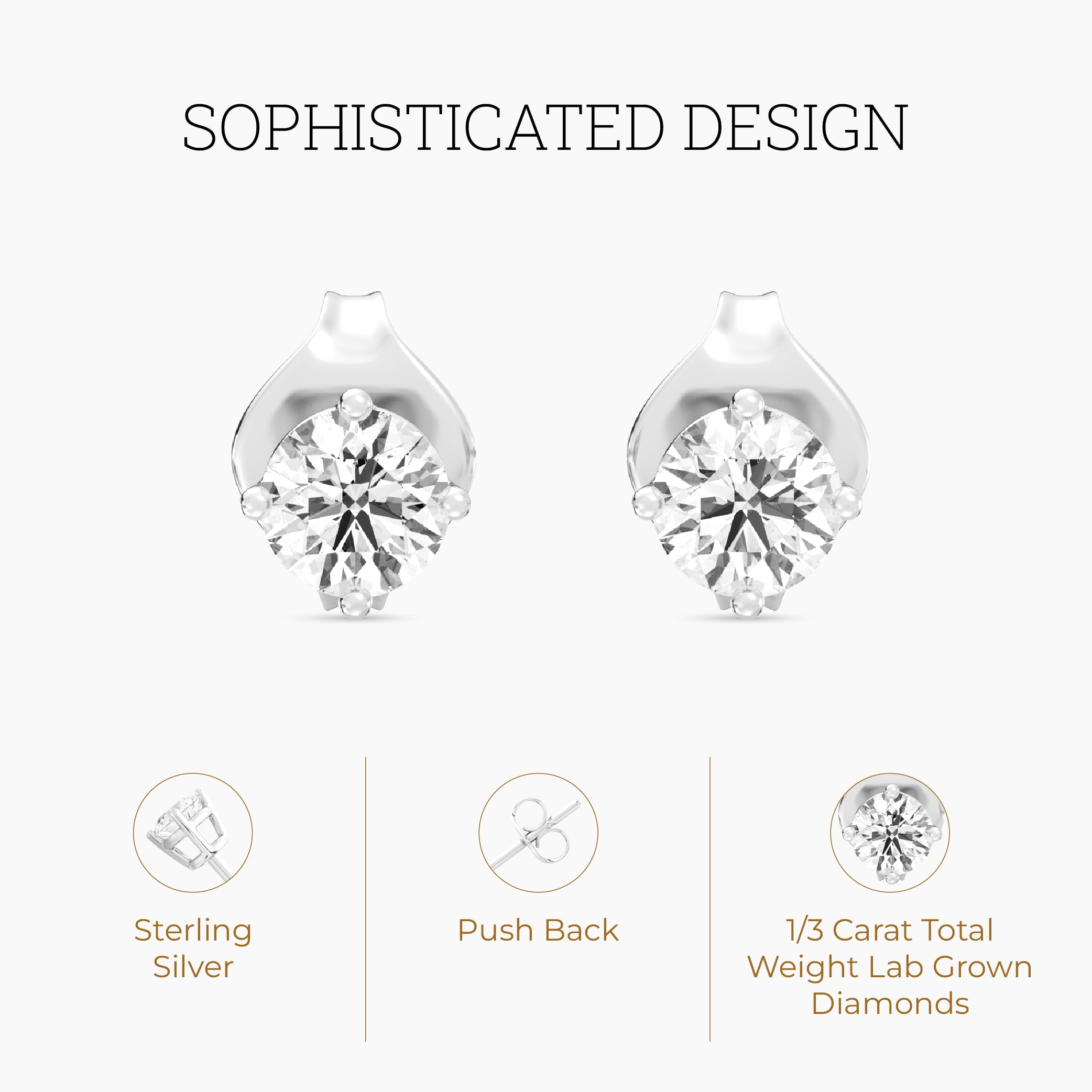 Gilded 1/3 CTW Lab-Grown Diamond Stud Earrings for Women & Men, Round Cut 925 Sterling Silver, Hypoallergenic Jewelry - SI1 Clarity F Color