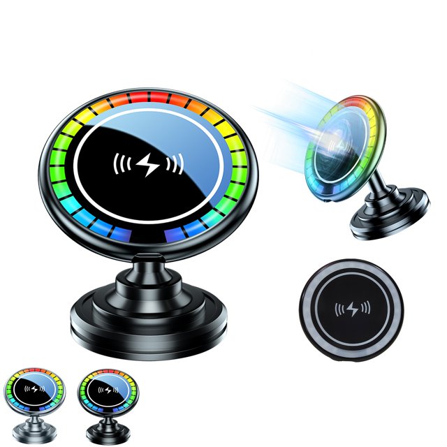 Magnetic Wireless Car Mount Charger, Voice Control Music Spectrum LED Car Charger, Portable Foldable Adjustable, Metal Frame, for Office, Car Mount, Hands-Free Calling, High-Speed Charging,