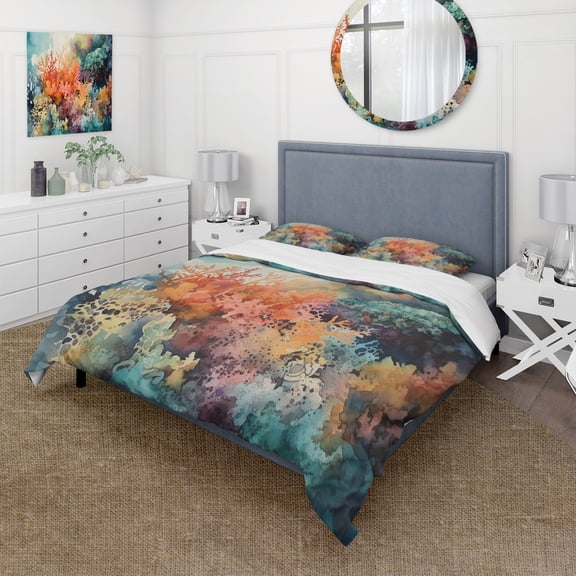 Designart "Vibrant Underwater Coral Reef I" Modern Landscape Beach Bedding Covert Set - Modern Beach Orange Landscapes Bed Set With 2 Shams