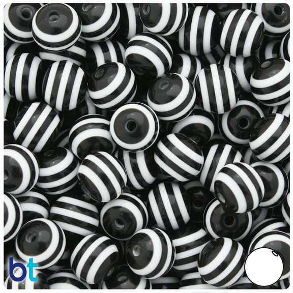 BeadTin Black & White Striped 12mm Round Resin Beads (50pcs)