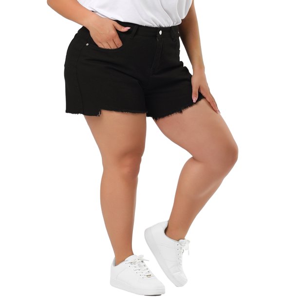 Women's Plus Size Jean Short Raw Hem Slash Pocket Denim Shorts Black 4X