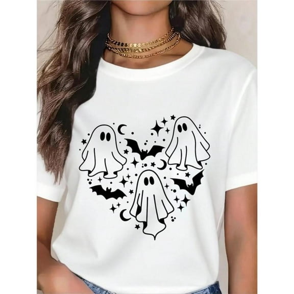 Women's T-Shirt, Spooky Graphic Tees, Halloween Tops, Cute Halloween Shirt，Crew neck, Causal，cotton，white，S-5XL