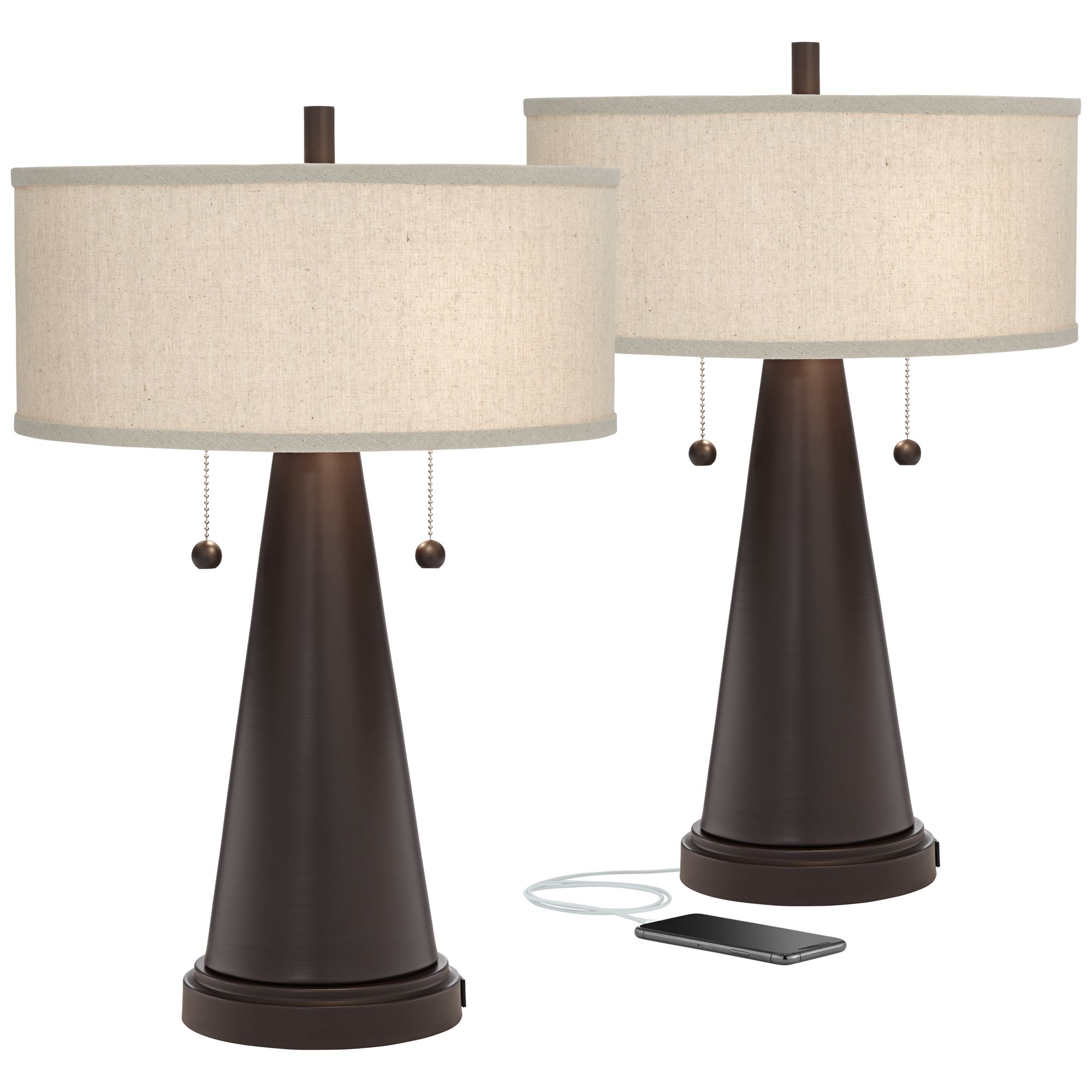 Franklin Iron Works Craig Rustic Farmhouse Accent Table Lamps 23" High Set of 2 Bronze with USB Charging Port Natural Drum Shade for Bedroom Desk - image 2 of 8
