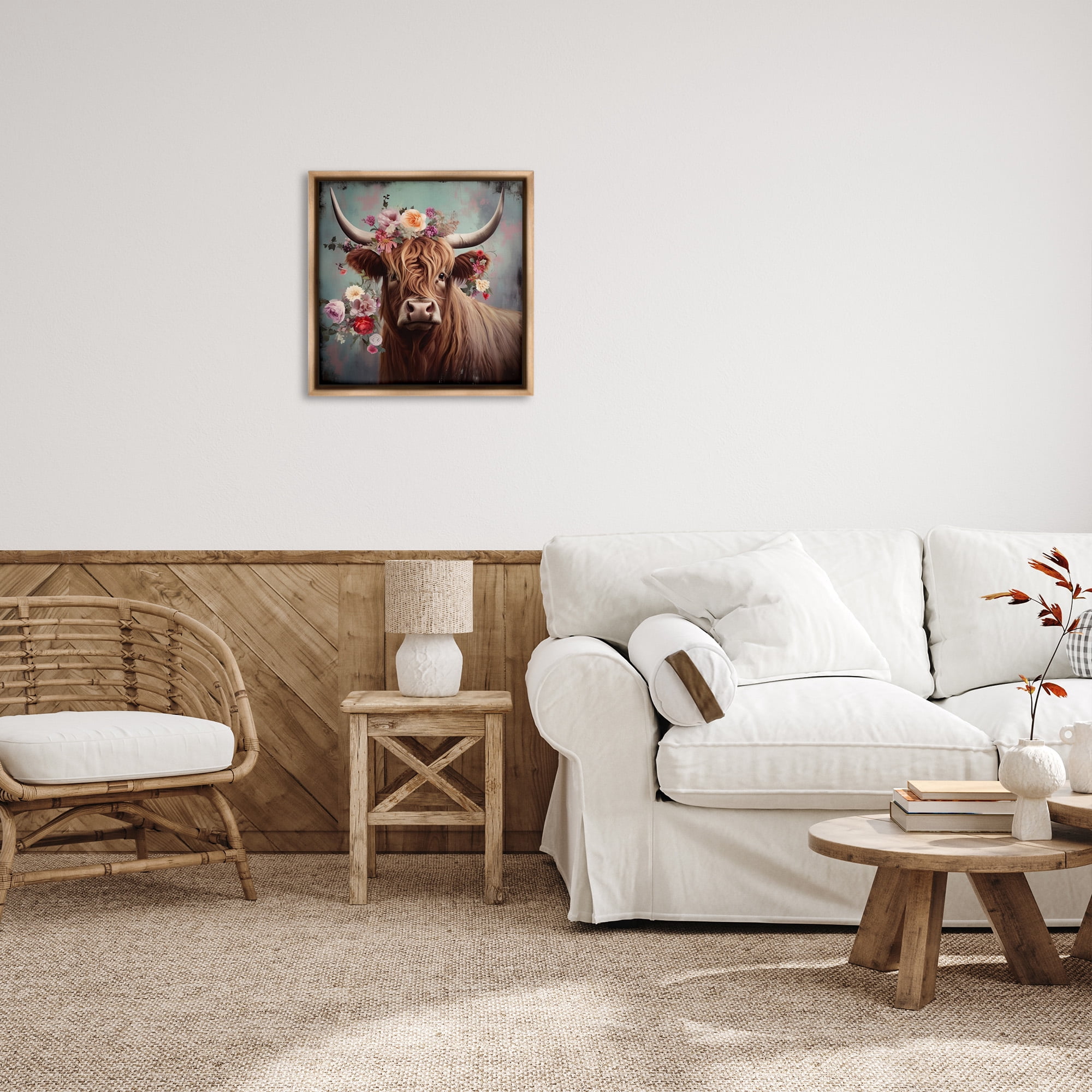 Stupell Industries Cow with Vintage Florals Animals & Insects Painting Brown Floater Framed Canvas Art Print Wall Art, 25 x 25