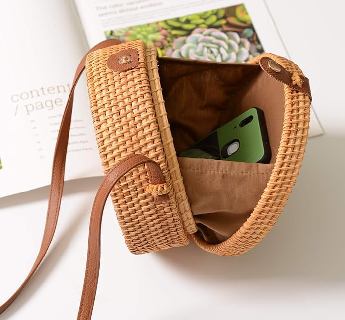 Handwoven Rattan Bag Shoulder with Leather Strap, Women Handmade Wicker Woven Purse, Brown Straw Boho Basket Handbag(7.9x7.9x3.1inches)