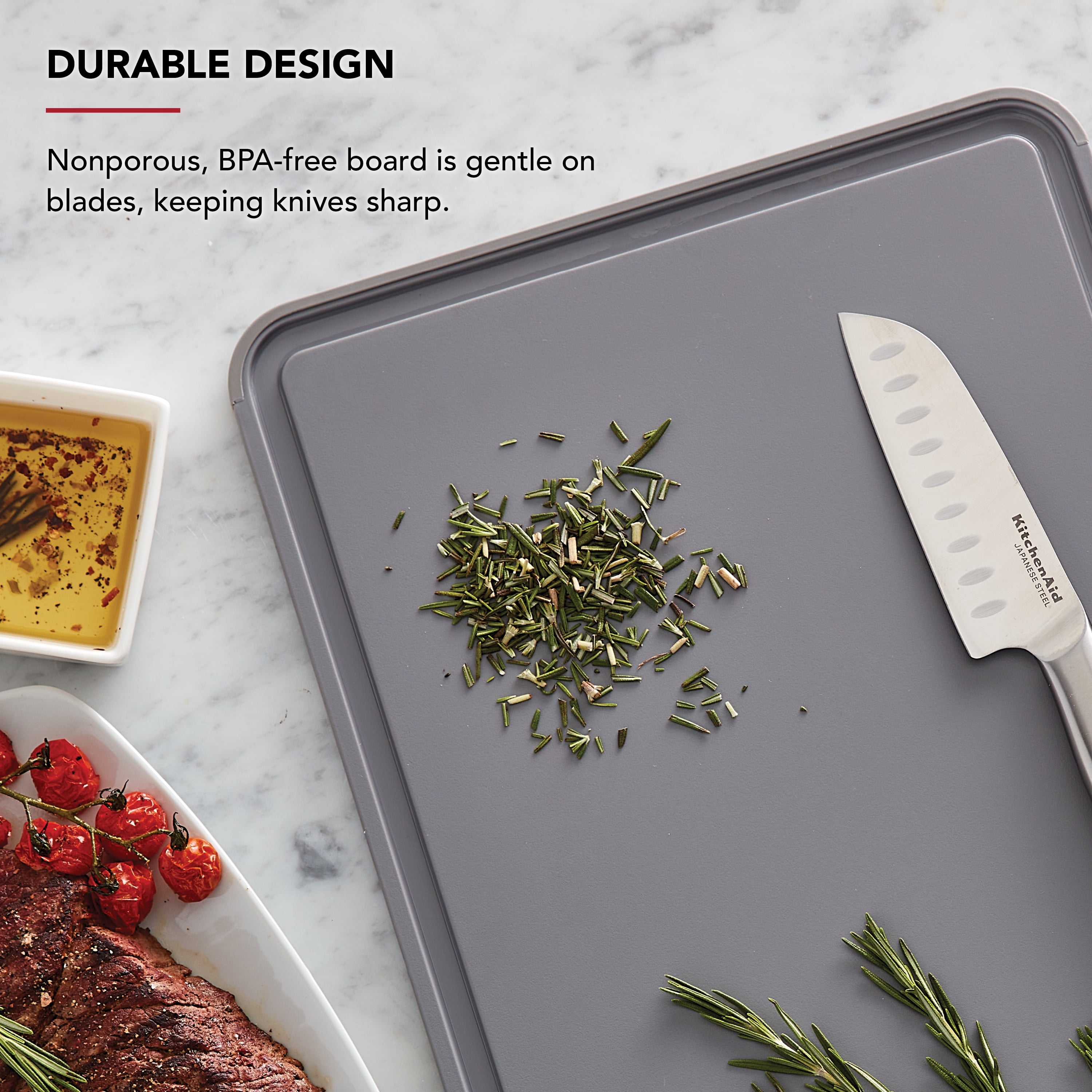 KitchenAid 12x18 Poly Cutting Board, Perimeter Trench, Non Slip Edges, Dishwasher Safe Matte Gray