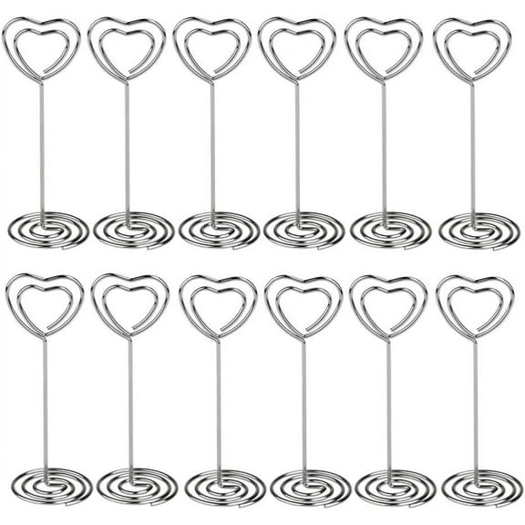 12pcs Heart Shape Metal Card Holder Stands Wire Table Number Holder Clips for Wedding Xmas Holiday Party (Silver)