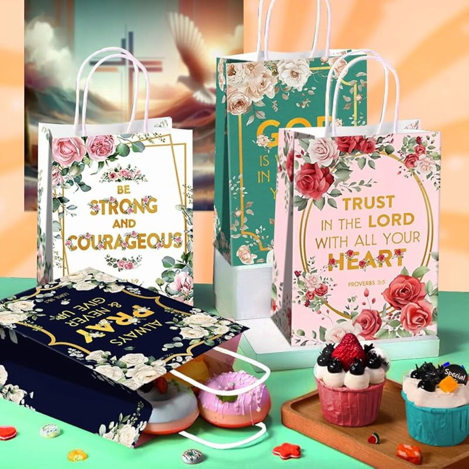 20packs Religious Party Favors Bags with Handles, Inspirational Flower Christian Goodie Gift Kraft Paper Bags with 4 Different Types for Women Girls Birthday Wedding Baptism Easter Day Spring Party