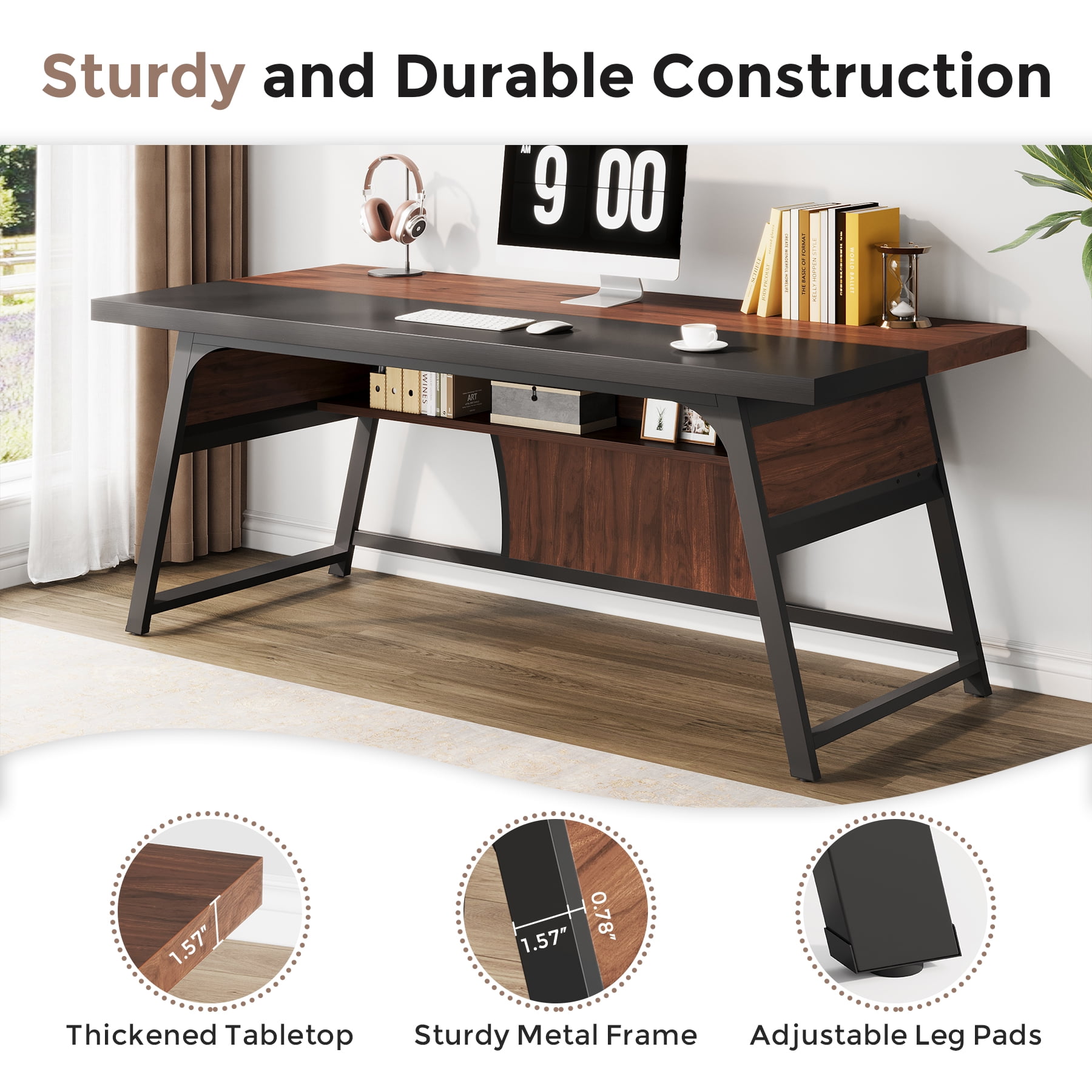 Condemo 63 Inch Executive Office Desk, Large Computer Table with Metal Frame & Storage Shelf, Study Writing Workstation with LED Light, Modern Business Furniture for Home Office, Walnut and Black