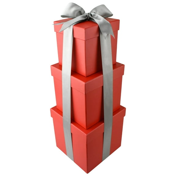 Homeford Nested Square Gift Boxes, Red, 5-inch, 6-inch, 7-inch, 3-piece, 1.5-inch Silver Satin Ribbon