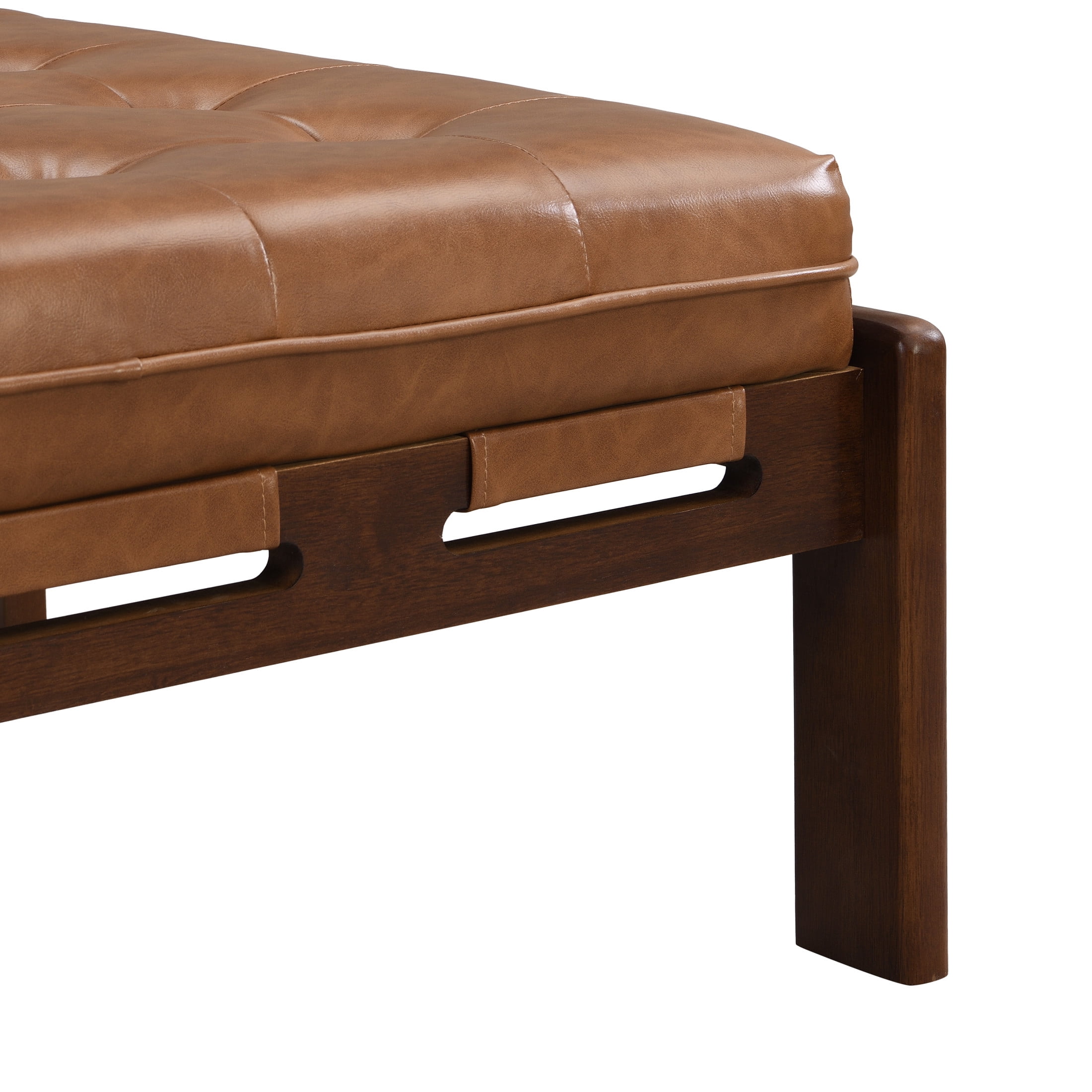Christopher Knight Home Classic 34'' PU Leather Ottoman, Button-Tufted Cocktail Ottoman with Solid Wood Frame, Multi-Functional Footstool & Coffee Table, Brown