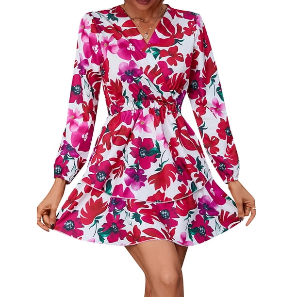 Vestido, Vestido de manga larga para mujer Mini vestido floral vintage de vacaciones Abody Rojo/XX-grande