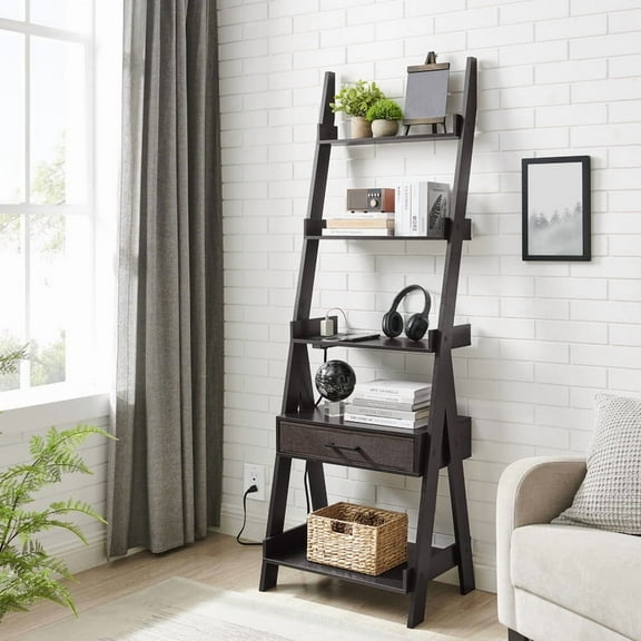 Utopia Alley Ladder Shelf, 5 Tier Ladder Bookshelf with Power Outlet, USB Port, Fast Charging and Drawer, Wood Ladder Shelves, Espresso