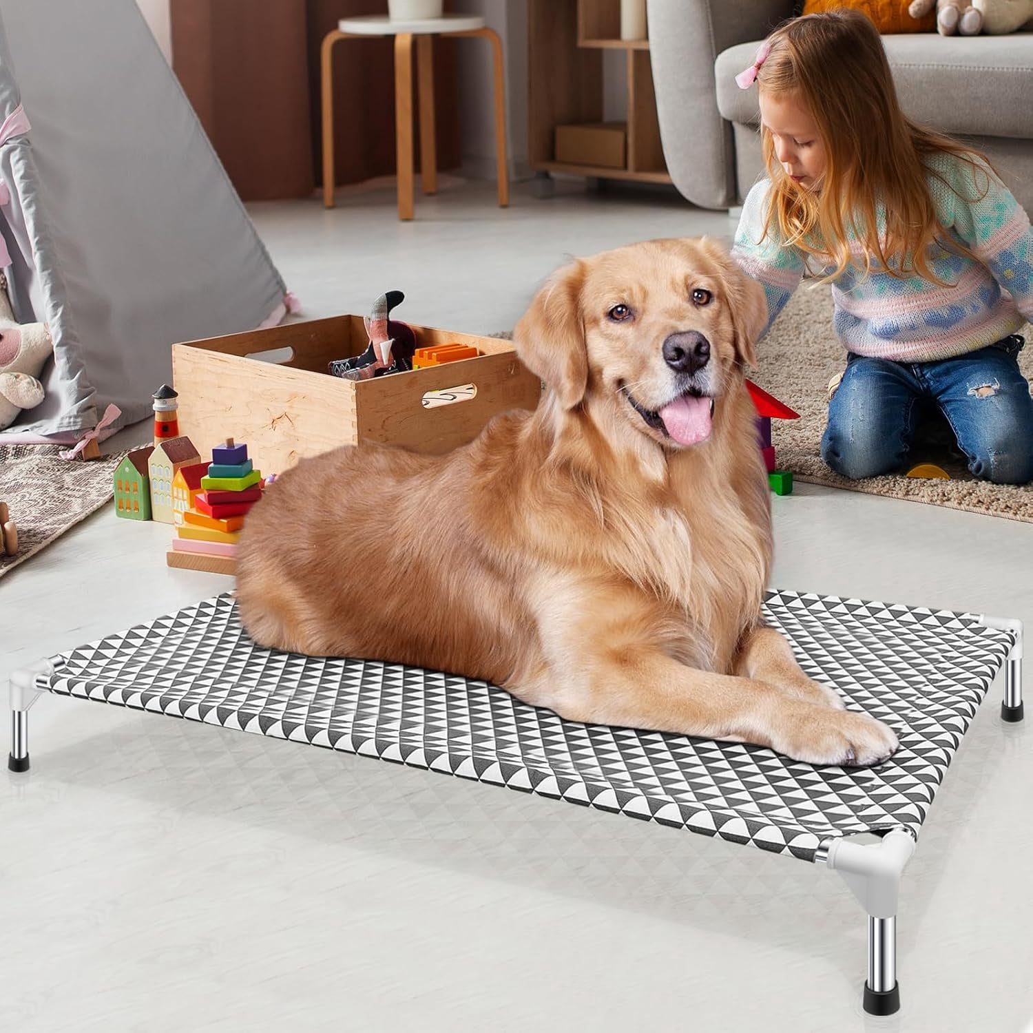 Elevated Outdoor Dog Bed, Large Size, Cotton Material, Non-Slip Feet, Fits up to 100lbs