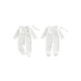 thumbnail image 2 of Cjfdfy Newborn Baby Girl Footed Romper Fall Winter Outfits Solid Color Bow Ruffled Long Sleeve Jumpsuit with Bow Headband cute Knit Ruffle Button Romper 0-9 Months, 2 of 9