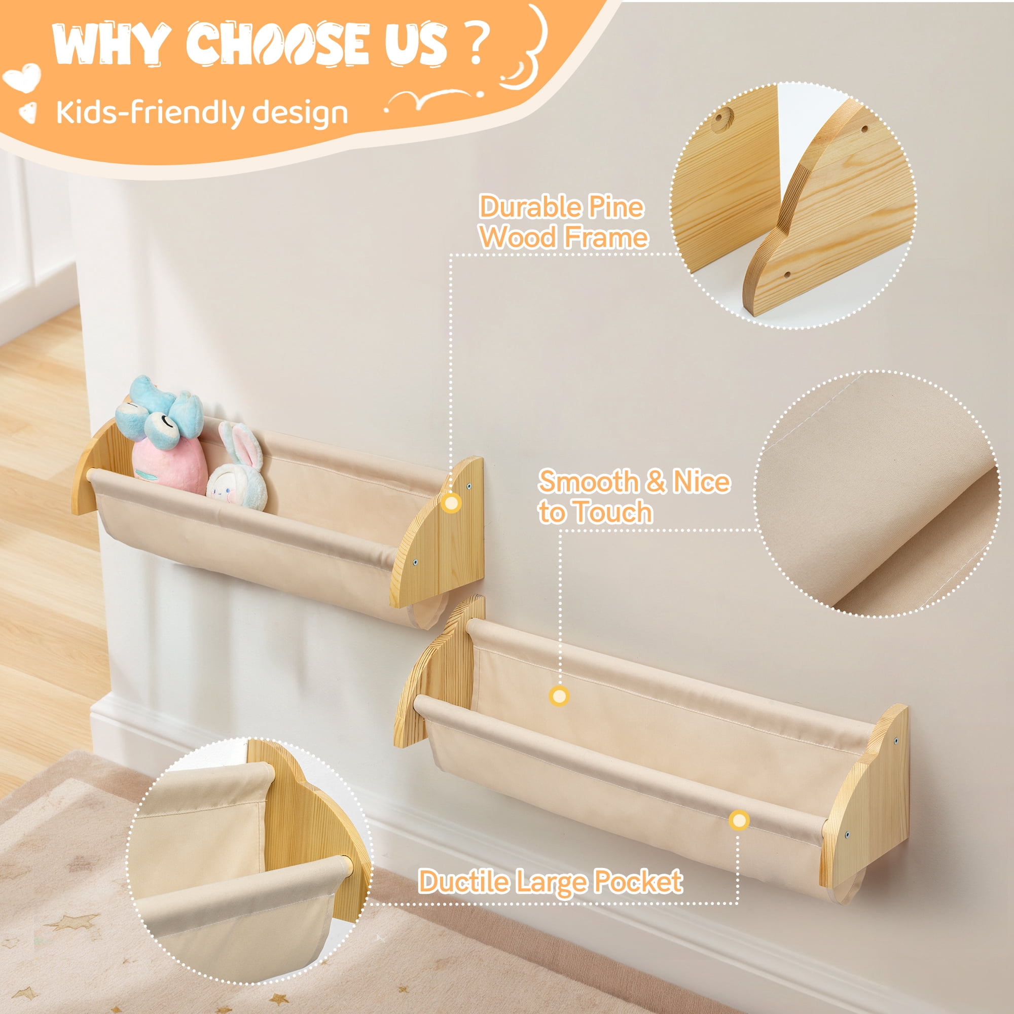 Sumgar Nursery Book Shelves for Kids Rooms Floating Shelf for Wall Mount Book Storage Wooden Organizer Rack for Toddler Baby Childrens Bedroom Playroom, Canvas Set of 2, Home Decor Gift for Christmas