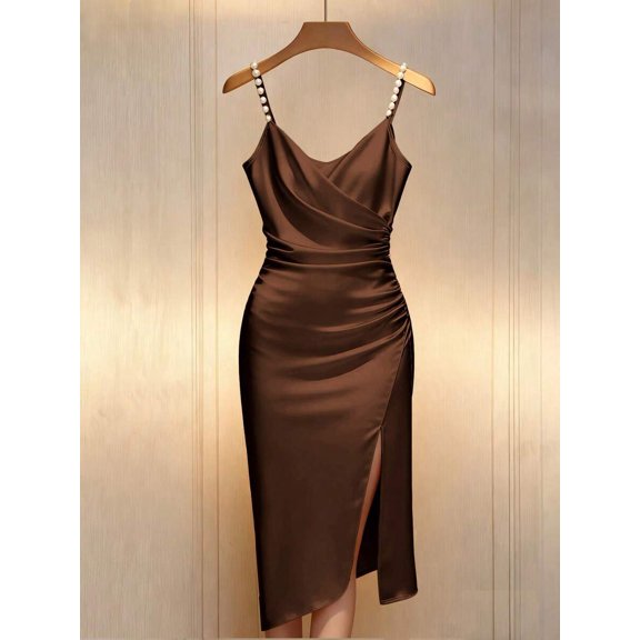Brown Satin Bodycon Dress With Pearl-Embellished Spaghetti Straps, Crossover Neckline, Ruched Waist And Side Slit