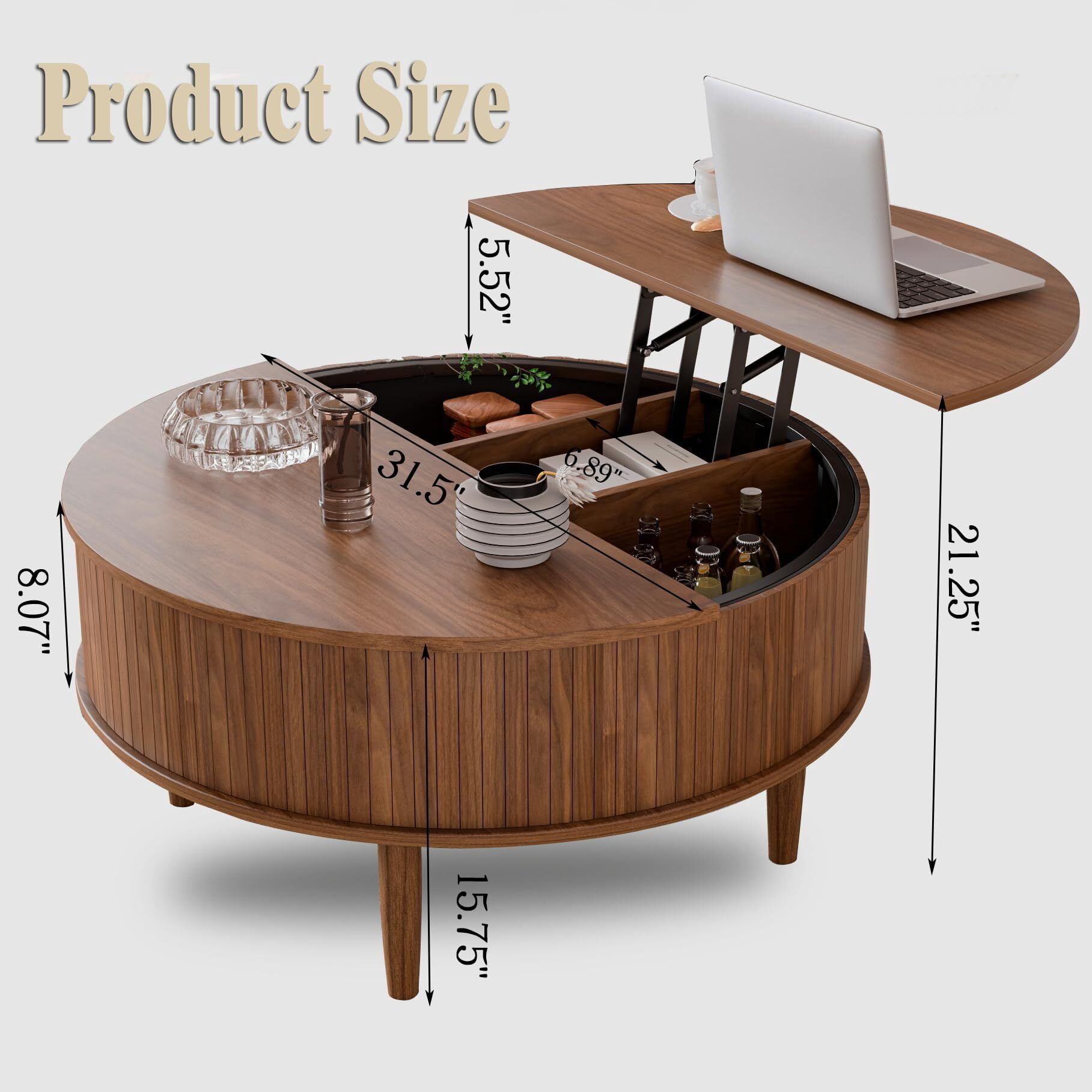 Fsbecl Mid-Century Modern Semicircle Wood Coffee Table with Storage, Walnut