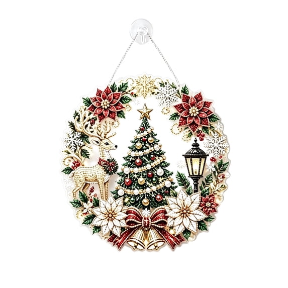 Christmas Round Diamond‑Painting Hanging Ornament Transparent Light‑Catching Window Decor DIY Holiday Craft Kit, Light‑Refracting Transparent Panel Christmas Wreath Craft Ornament