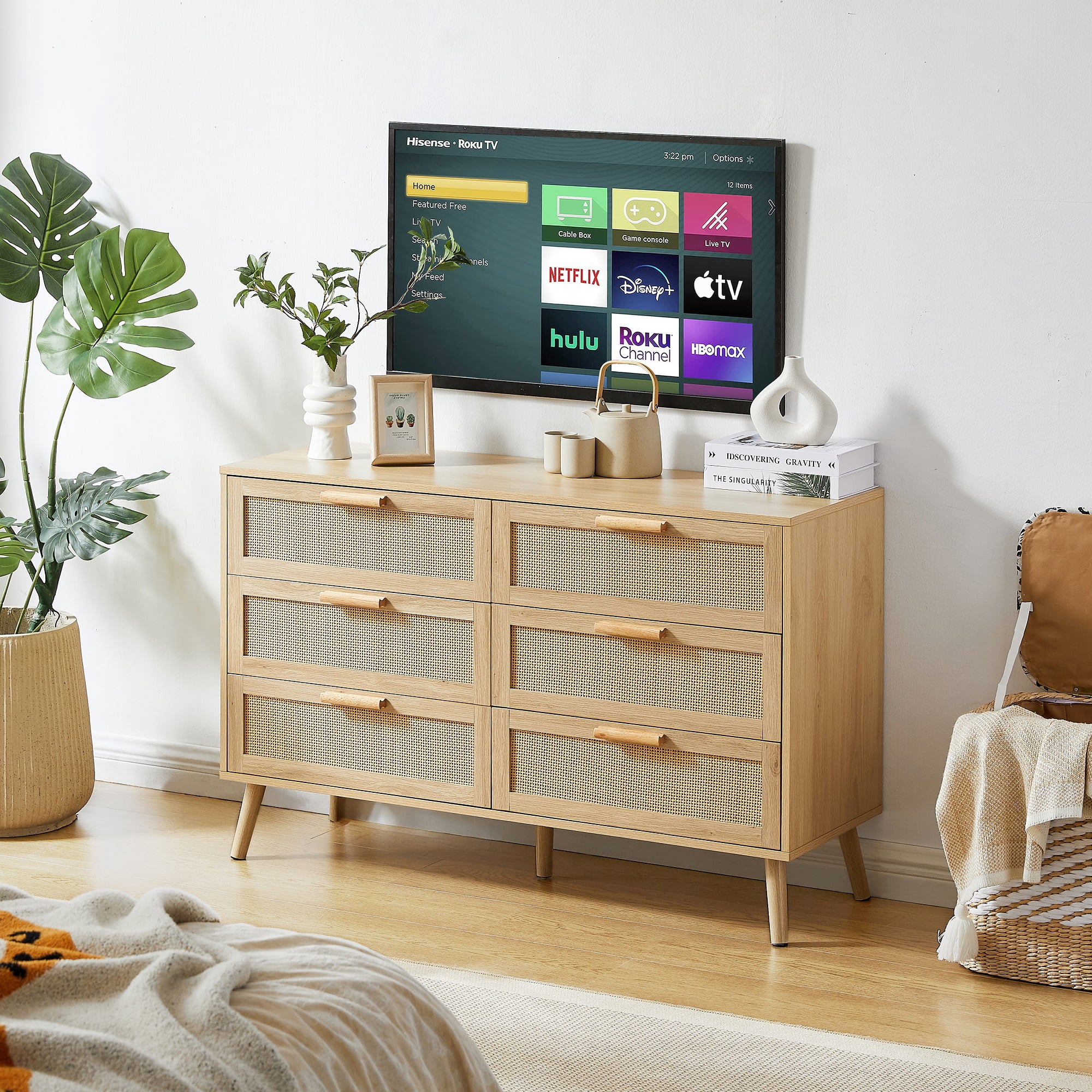 Lunale 47.2" Bedroom Dresser, 6 Double Dressers with rattan drawers, Wooden Chest of Drawers for Living Room, Nature