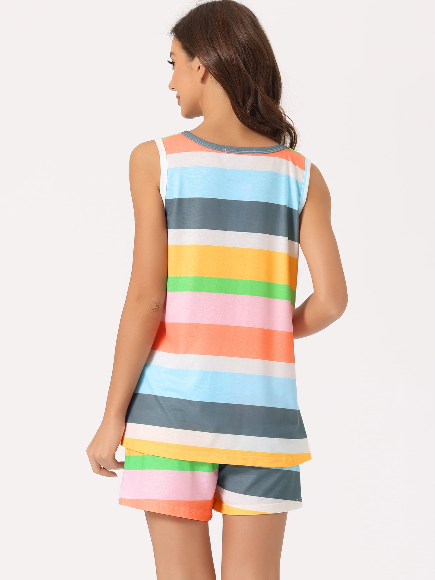 DARING DIVA Women's 2-Piece Rainbow Tank Tops with Shorts Stripe Pajama Set M Yellow