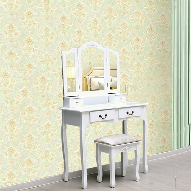 Wood Vanity Sets For Girls Bedroom Vanity Tables For Small Spaces Vanity Set With Cushioned Stool Dressing Table With 4 Drawer 360 Degree Rotation Removable Mirror Dresser White S10410 Walmart Com Walmart Com